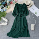 Women Casual Long Robe Summer V Neck Sexy With Belt Bandage Dresses Ladies Vintage Korean Green Dress
