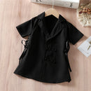 Kids Girl Dress Short Sleeve Turn-down Collar Side Lacing Dress for Casual Daily