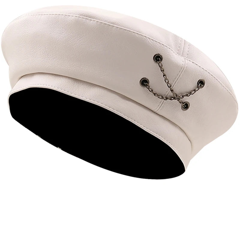 Leather buckle leather Beret women autumn and winter easy match flat top cap