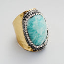 Plated Amazonite Paved Rhinestone Party Ring for Woman Wedding Cocktail Rings