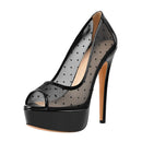 Women Black Platform Peep Toe Mesh Spike Slip On Pumps Thin High Heels Party Dress Pumps