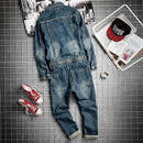 Spring Fall Mens Vintage Detachable Denim Cargo Overalls Tops Straight Pants Rompers Male Jumpsuit
