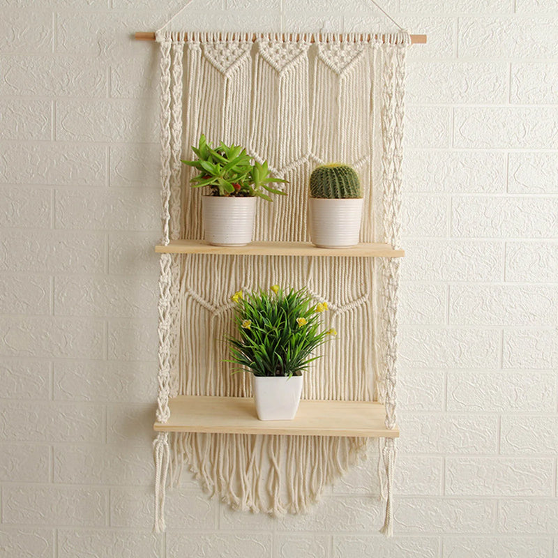Hand-Woven Macrame Tapestry Rack Wooden 2 Shelves Wall Hanging For Bohemian Decoration Boho Decor Ornament