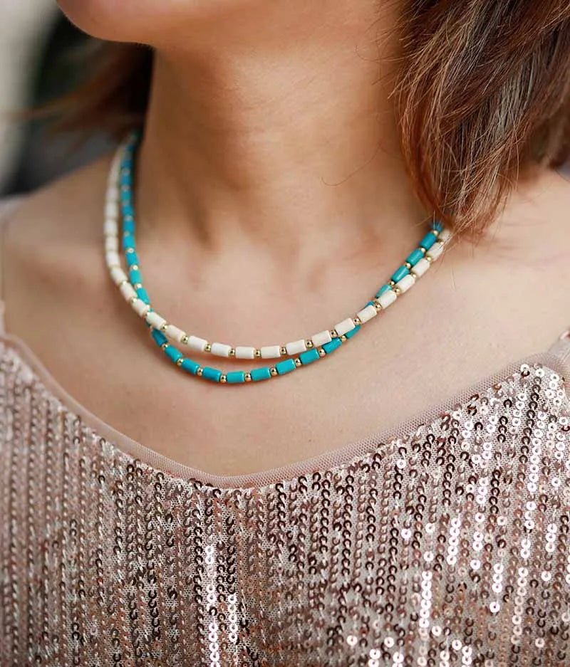 Turquoises Boho Necklace Women Chic Short Beaded Layered Necklace Holiday Jewelry