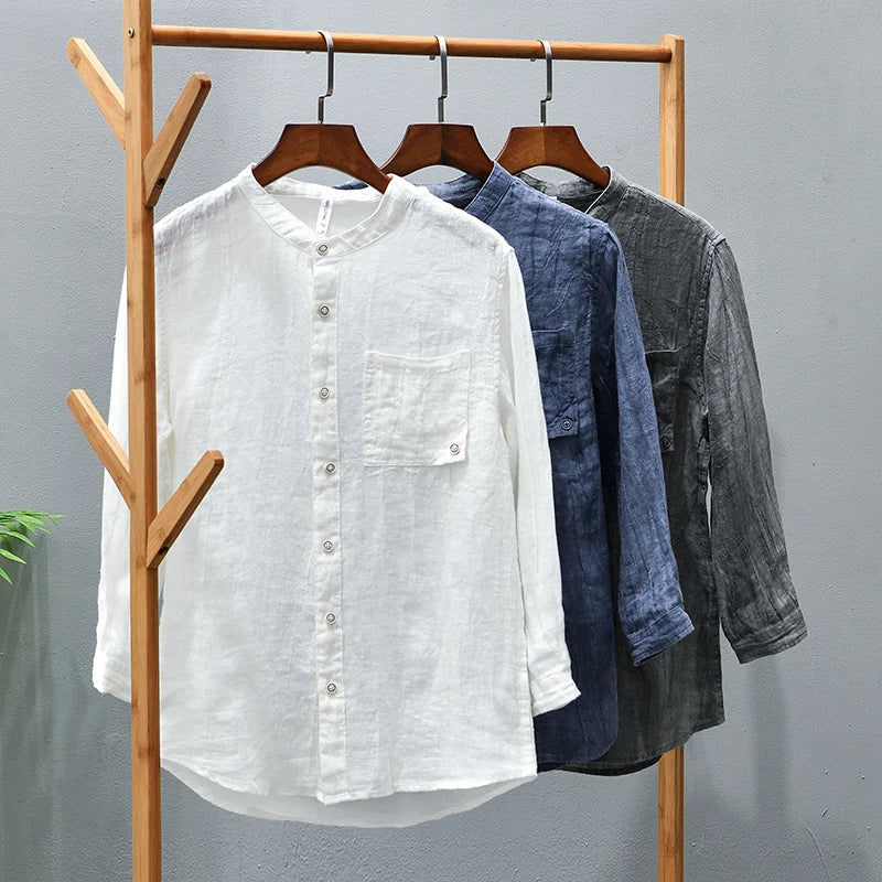 Pure linen stand collar white shirts men casual spring summer shirt for men top