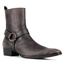 A dark brown distressed leather ankle boot with a side buckle strap, shown from a three-quarters angle on a white background, Obroi