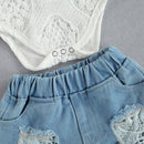 Infant Newborn Baby Girls Summer Clothes Sets White Lace Flowers Bodysuits Top + Elastic Denim Shorts 2PCs Outfits