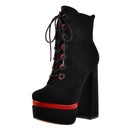 Women Round Toe Platform Lace Up High Heel  Black Ankle Boots For Winter