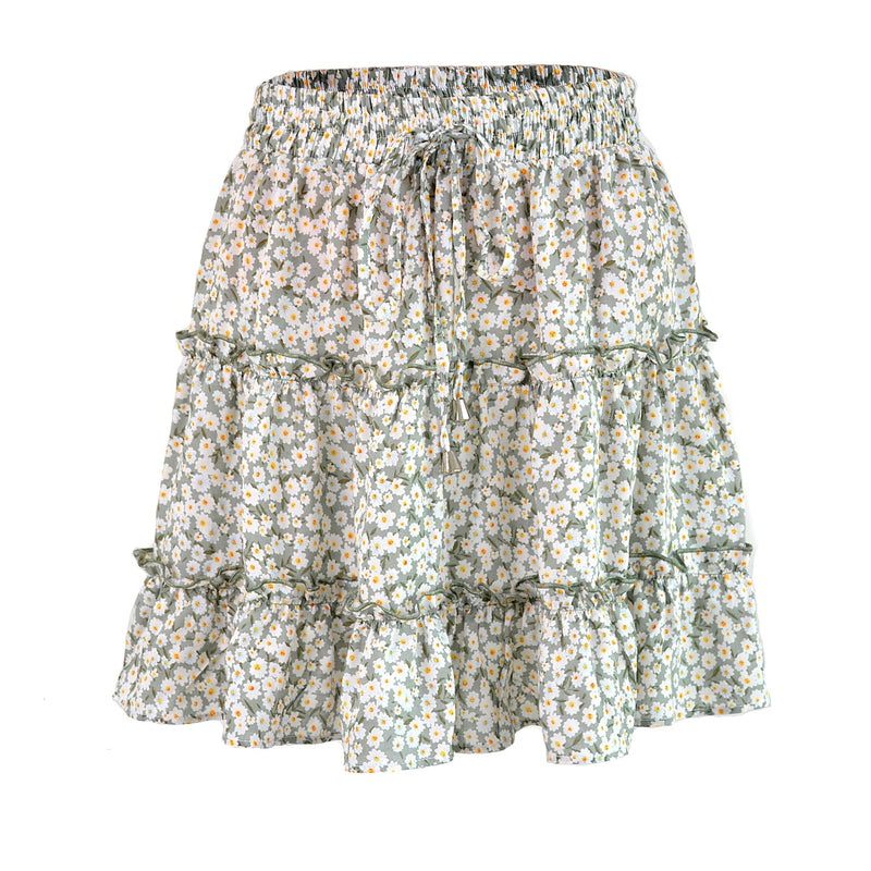 Ruffles Women Skirt Elastic Band High Waist Lace Up Female Skirt Floral Summer New Mini A-line Skirt