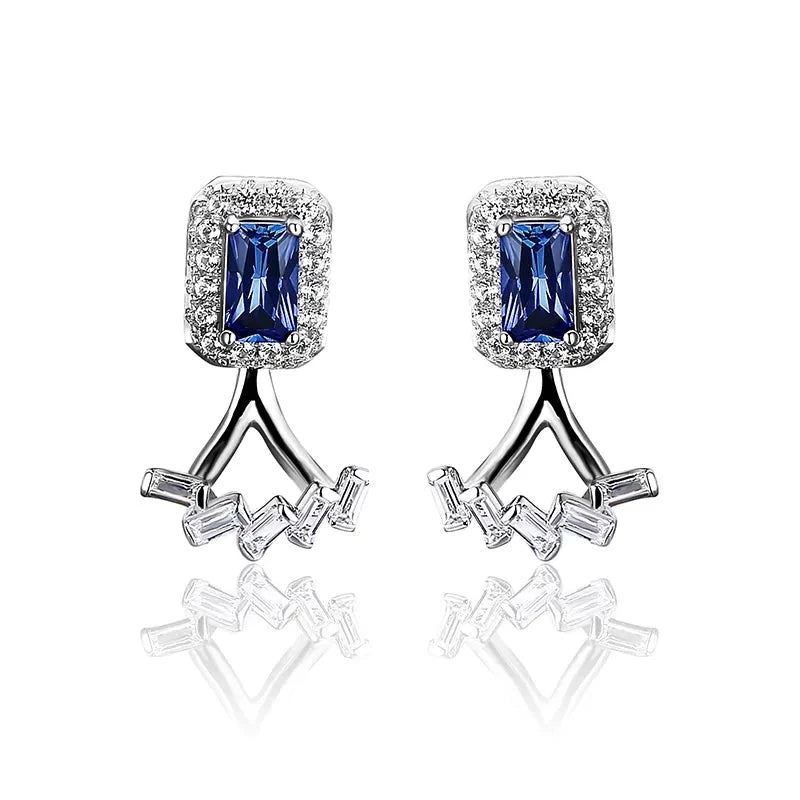 Blue Sapphire Sterling Silver Stud Earring Two Wearring Flexiable Design Octagon Created Sapphire Earring Gift for Personal