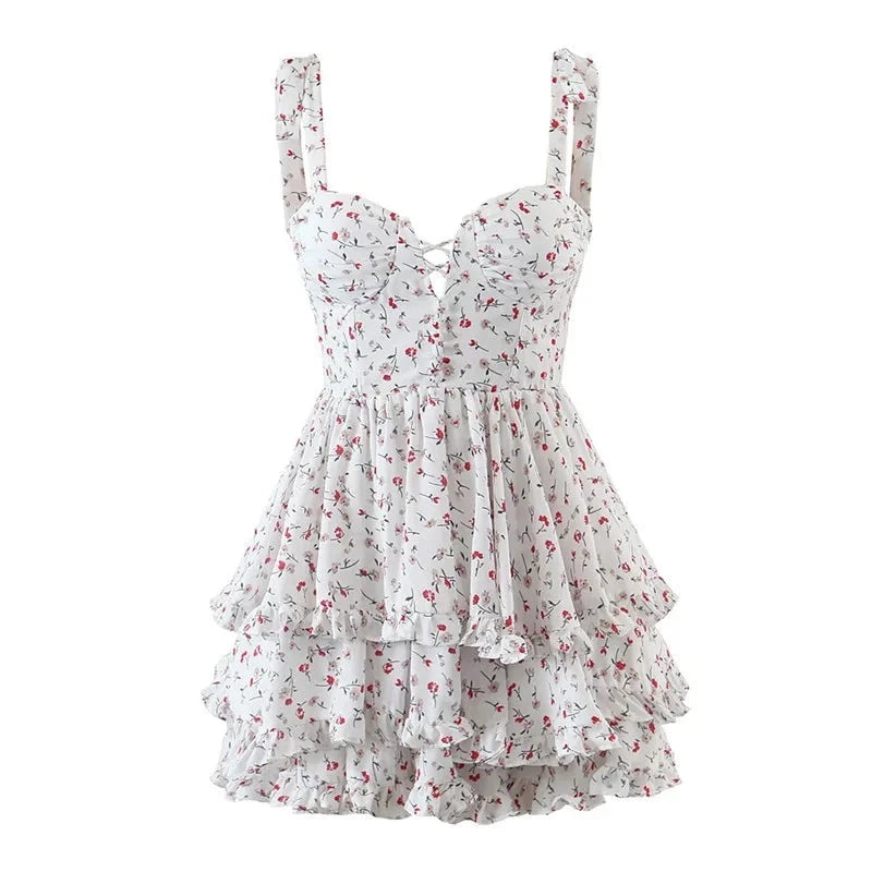 Vintage Spring Summer Chic Floral Lace Square Neck Cute Cake Cascading Ruffled Strap Mini Dress Woman