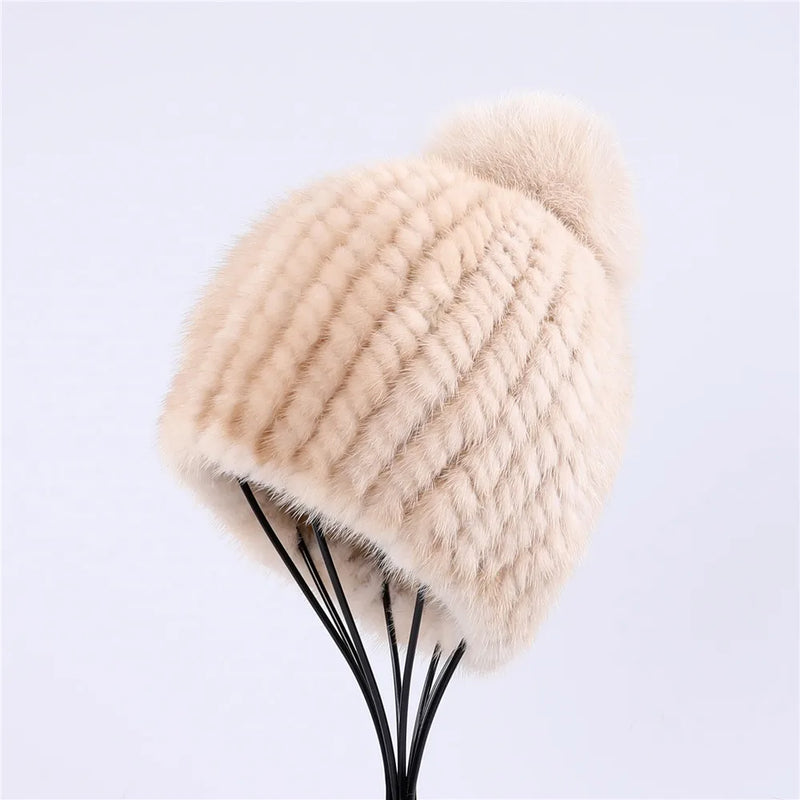 Fur hat women winter knitted beanie Girls cap with fox female cap Elastic