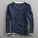 Men Long Sleeve T-shirt Cotton V-neck Solid Casual Tops Tees for Men Vintage Frayed Collar and Raw Edges Tshirt