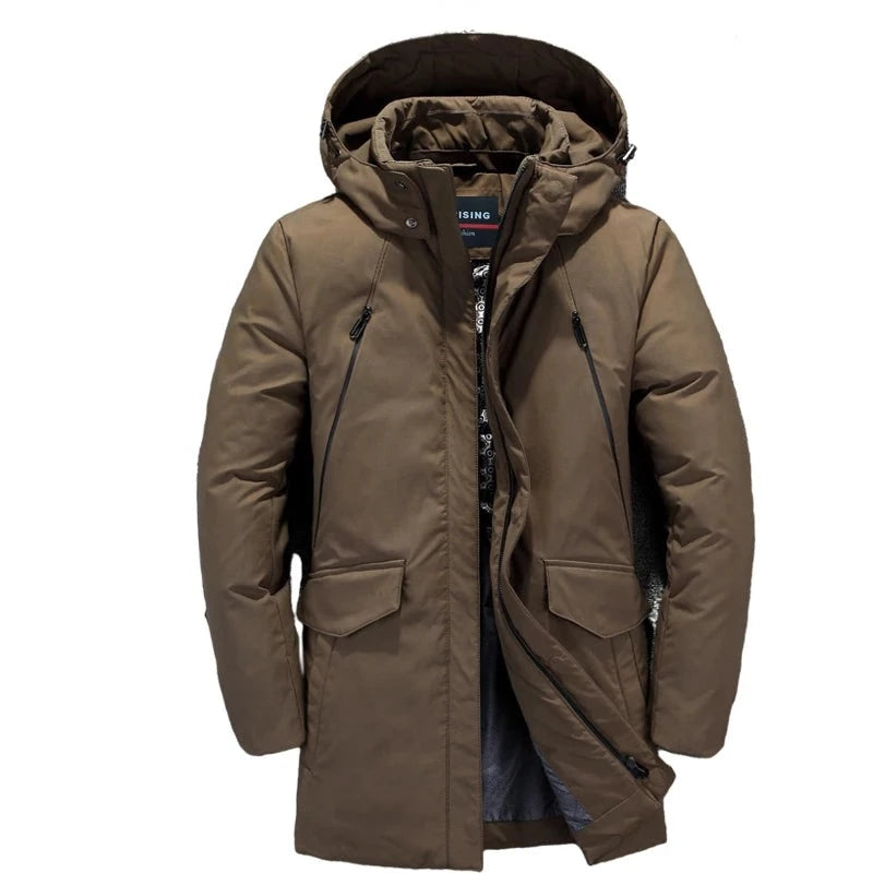 Men down jackets long thicken solid hooded hat detached male overcoat -30 degrees warm father