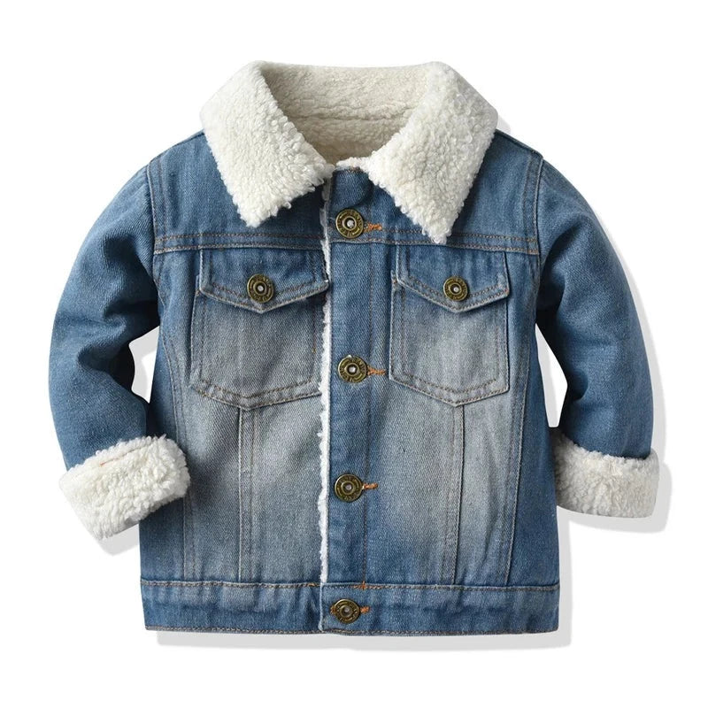 Winter Toddler Baby Boys Girls Denim Warm Jacket Kids Fleece Thicken Lapel Coat Tops Children Flannel Outerwear