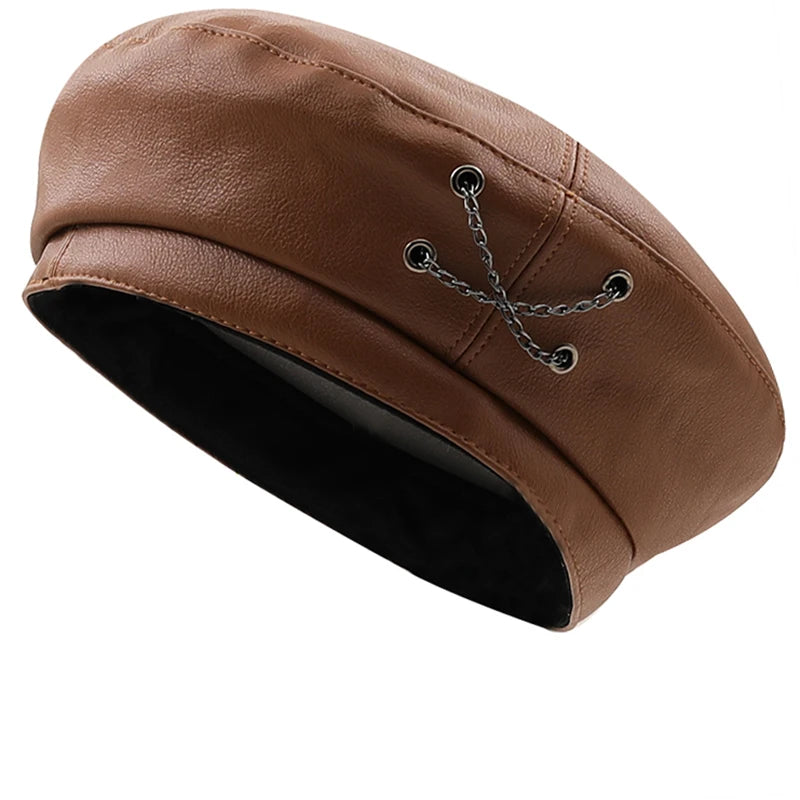 Leather buckle leather Beret women autumn and winter easy match flat top cap