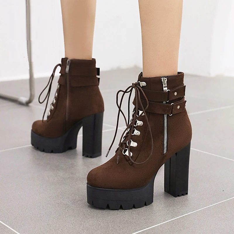 Belt Buckle Ankle Boots High Platform Heels Shoes Cross Tied Office Lady Autumn Boots Street Style