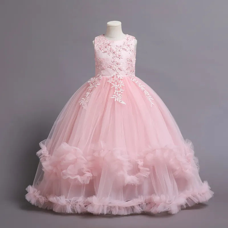 Girls dress princess flower lace long dress birthday communion Party Wedding Dress Embroidery Dress