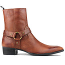 A brown leather ankle boot with a side buckle strap, black block heel, and black sole, shown in profile against a white background, Obroi