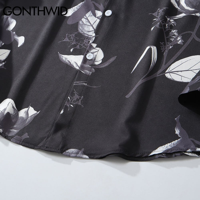 Hawaiian Beach Shirts Graffiti Flowers Long Sleeve Button Shirts Hip Hop Casual Holiday Party Blouse