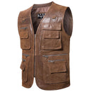 Brown leather vest with multiple pockets on a white background, featuring the brand 'FLAVOR'.