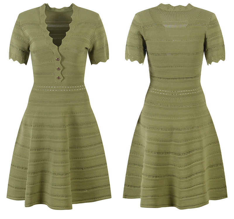 Lady Hollow Out Cloth V-neckline Short Sleeve Fit And Flare Women Solid Short Mini Knits Dress