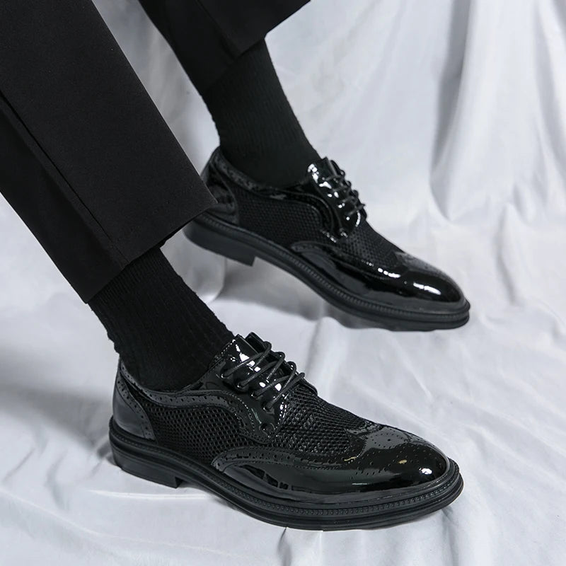 Men Oxfords Shoes Genuine Leather Shoes Patent Leather Formal Breathable Dress Shoes Hollow Mesh Out Flats