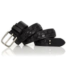 Black woven leather belt with silver buckle on a white background, Obroi