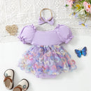Summer Infant Baby Girl Set Puff Sleeve Flower Bodysuit Dress Bow Headband Outfits Clothes