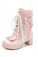 Bowknot Ankle Boots for Women Heel Ruffle Lace Up Bowknot Princess Booties