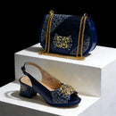 Open Toe High Heels & Bag Set Gold blocking Rhinestones Elegant High Heels