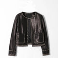 Handmade rivets genuine leather leather jacket women's short round neck lady slim fit