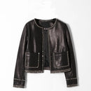 Handmade rivets genuine leather leather jacket women's short round neck lady slim fit