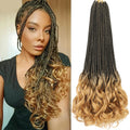 Box braids hair extensions shown on a model with long curly ombre braids, alongside a clean product shot of the black-to-blonde wavy box braids on a white background, Obroi