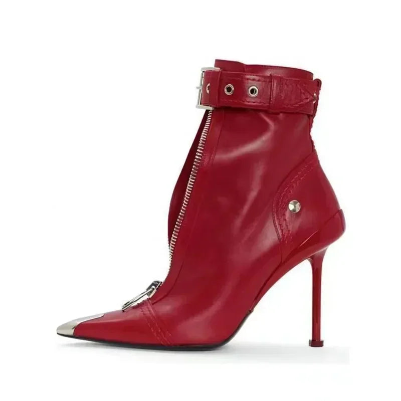 Short Boots Women's Autumn Winter Pointed Metal Decoration Red High Heels Ankle Boots