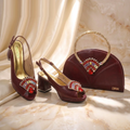 Dark Blue Platform Slingback Heels with Handbag Set Shiny Crystal Embellished Ladies Shoes Bag