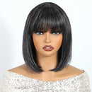 Black bob wig with bangs on a mannequin head against a white background, Obroi