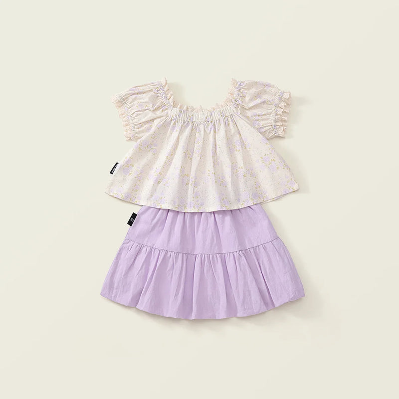Girls Summer Outfit Set Stylish and Children Floral Short Sleeved Top and Skirt Two-piece Set
