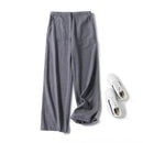 Women Grey Wool Blend Flannel Straight Pants Vintage Elastic High Waist Office Ladies Casual Trousers