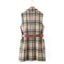 Spring Sleeveless Office Plaid Vest Coat Women Belt Long Vest Waistcoat Female Pockets Outerwear Long Vest Ladies Vintage