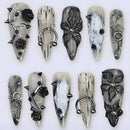24Pcs Long Stiletto French Pentagram Nail Stick on Gothic Silver Flame Stripe Nail Tips Black Gradient Reusable Nails