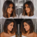 A four-panel collage showing a woman from the shoulders up with shoulder-length layered hair. The top two panels show a front and side view, and the bottom two show mirrored side and back views, Obroi