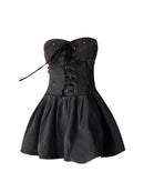 Women's Mini Dress Lace Up Party Club Denim Strapless Dresses Sexy Elegant Vintage A-line Dress for Women Ladies Sundress