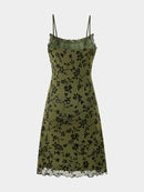 Women Summer Slim Fit Flower Flocking Suspender Sleeveless Ruffle Dress