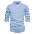 Men Linen Shirt Casual Solid Breathable Top Embroidered Standing Neck Slim Fit Shirt