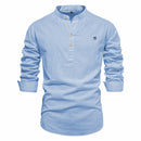 Men Linen Shirt Casual Solid Breathable Top Embroidered Standing Neck Slim Fit Shirt