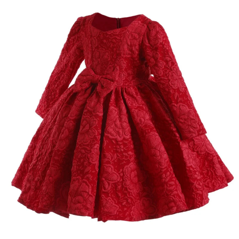 Girls Long Sleeved Bow Solid Dress Christmas Fashion School Performance Graduation Ceremony Evening Dress