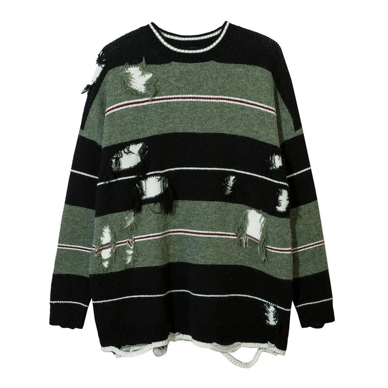 Autumn Streetwear Hollow Out Stripe Hole Knit Sweater Pullover Streetwear Oversize Loose Knit Sweater Top