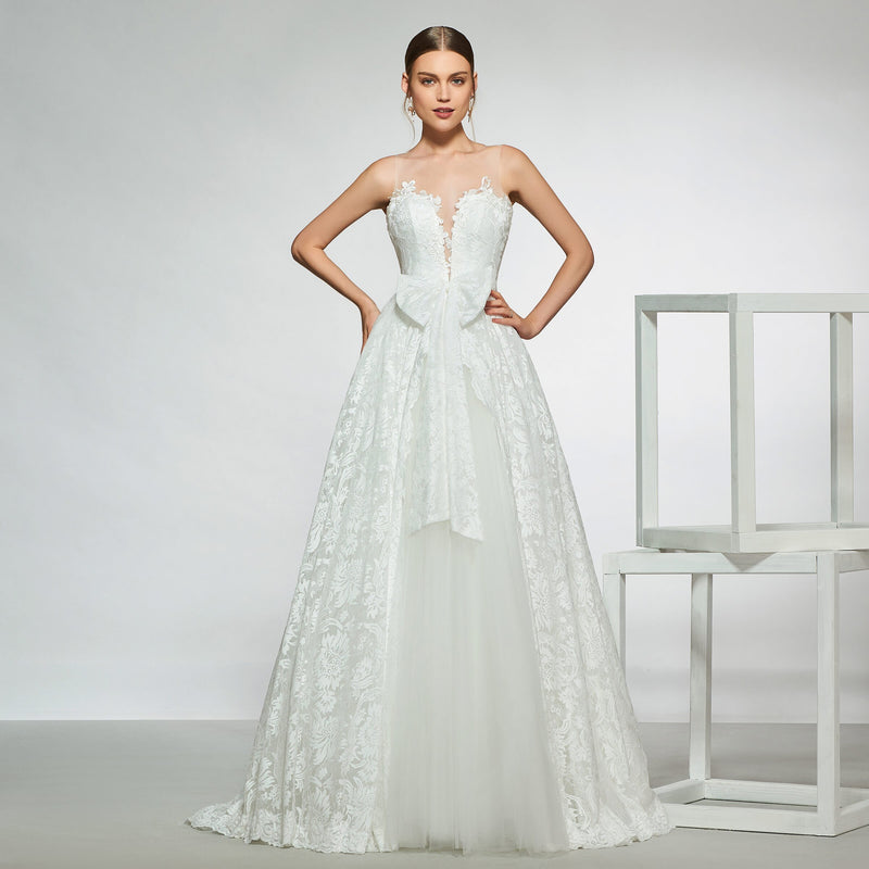 Dress Elegant V-Neck Bowknot Wedding Dress Sleeveless Button Ball Gown Floor Length Simple Bridal Gowns Wedding Evening Dresses