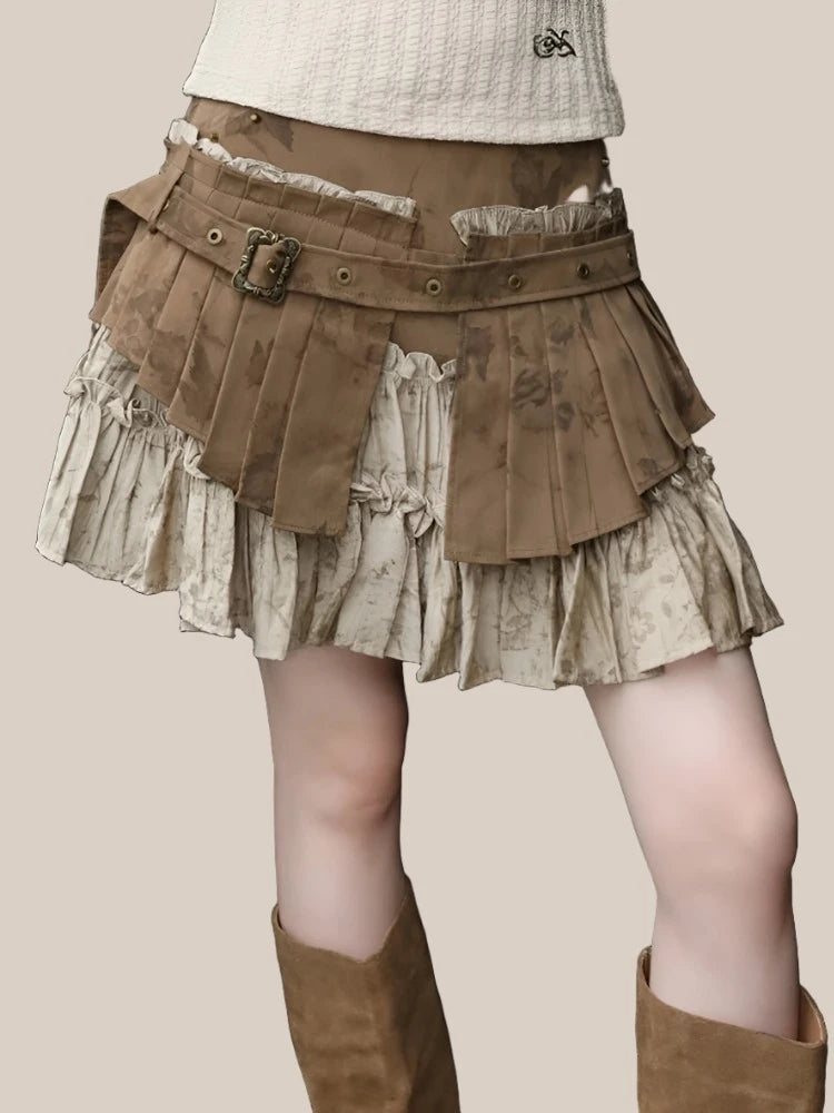 Summer Women Vintage Dark Patchwork Mini Pleated Skirt Punk